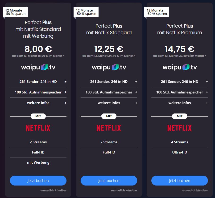MEGA Netflix Deal - 50% Rabatt bei waipu.tv - 12 Monate auf alle Perfect Plus Pakete mit Netflix ab 8€ Monat